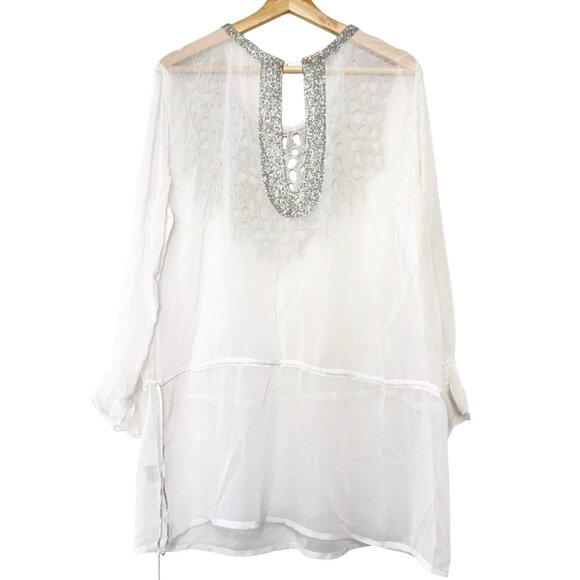 Vintage Solitaire Swim White Sheer Cover Up Beaded Embellished Chiffon Top - Picture 3 of 9